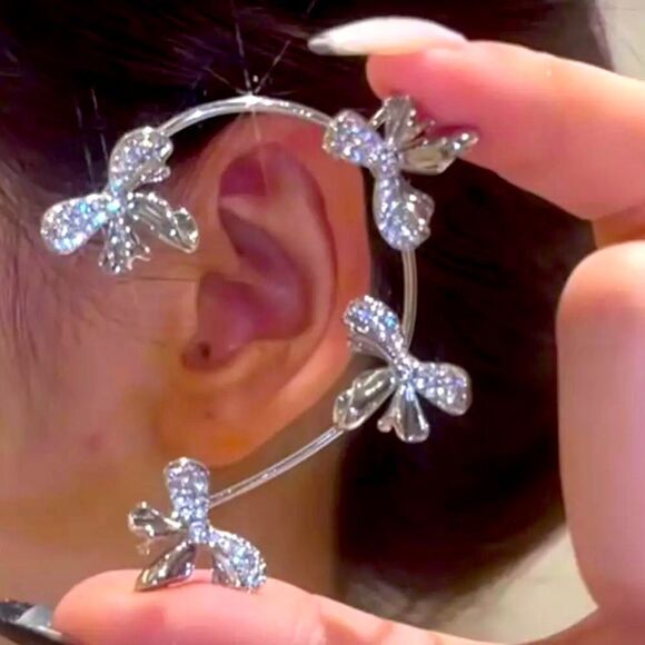 Sparkly Crystal Bows Ear Wrap Cuffs, Ear Crawlers Set Earrings NEW - Picture 2 of 4